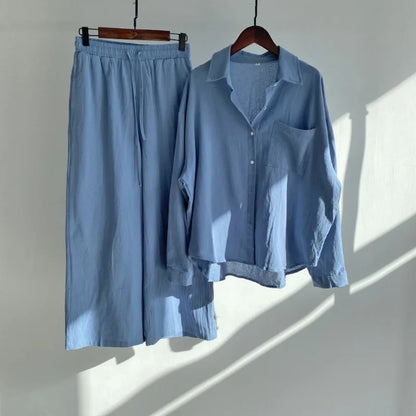 Cotton And Linen Solid Color Pant Sets Women Single-breasted Shirts And Drawstring Loose Wide Legs Trousers Two Piece Set Casual