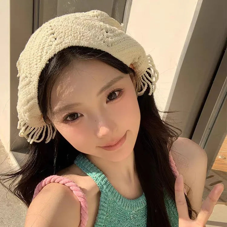 Korean-style cozy knit triangular headscarf for women, spring/summer, cute versatile country beach vacation hairband
