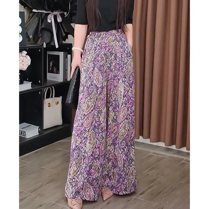 2025  High Waist Summer New Style Printing Pocket Sunscreen Ice Silk Pants Fashion Loose Temperament Wide Leg Straight Trousers