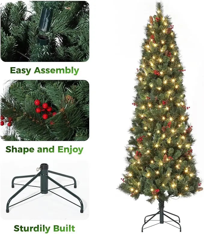 7Ft Artificial Christmas Tree, Pre Decorated Christmas Tree with Pine Cones & Red Berries, Metal Stand for Home, Xmas Trees for Home, Office, Shop Decoration