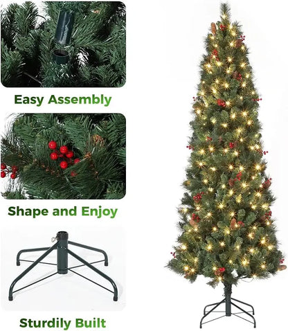 7Ft Artificial Christmas Tree, Pre Decorated Christmas Tree with Pine Cones & Red Berries, Metal Stand for Home, Xmas Trees for Home, Office, Shop Decoration
