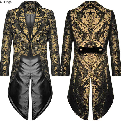 Golden Men's Gothic Steampunk Tailcoat, Black Embroidered Trench Coat, Party/stage Performance Long Jacket.