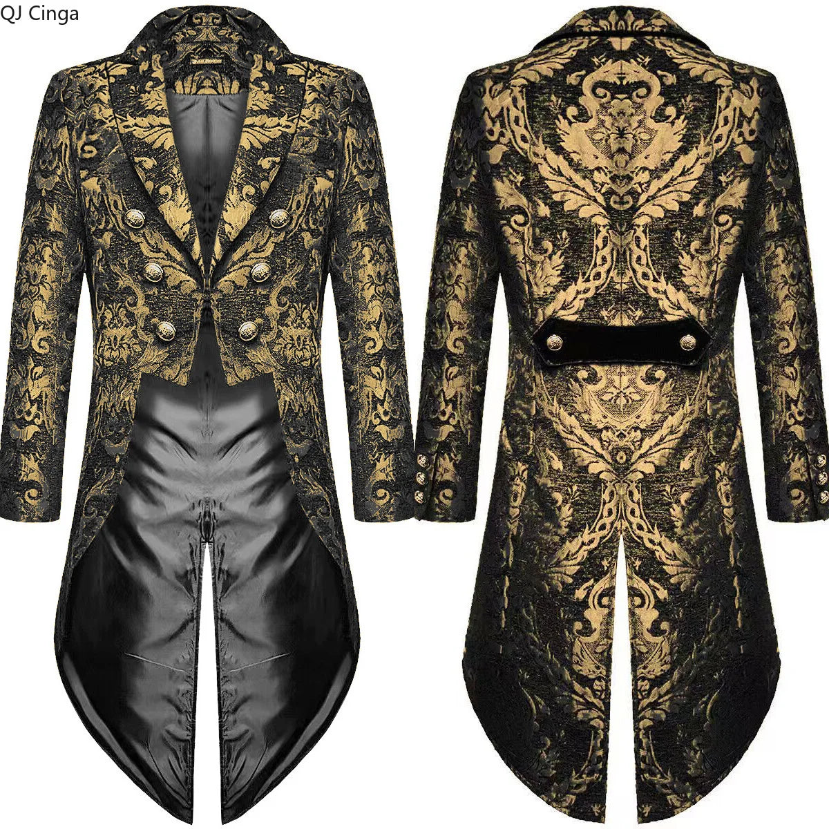 Golden Men's Gothic Steampunk Tailcoat, Black Embroidered Trench Coat, Party/stage Performance Long Jacket.