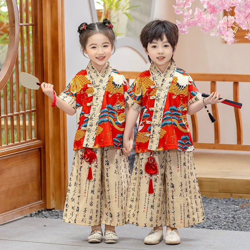 Fashion Hanfu Girl Suit Tang Costume Summer Chinese Style Boy Set Children's Sets Casual Kids Clothes Performance Baby Outfit