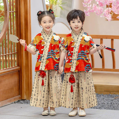 Fashion Hanfu Girl Suit Tang Costume Summer Chinese Style Boy Set Children's Sets Casual Kids Clothes Performance Baby Outfit
