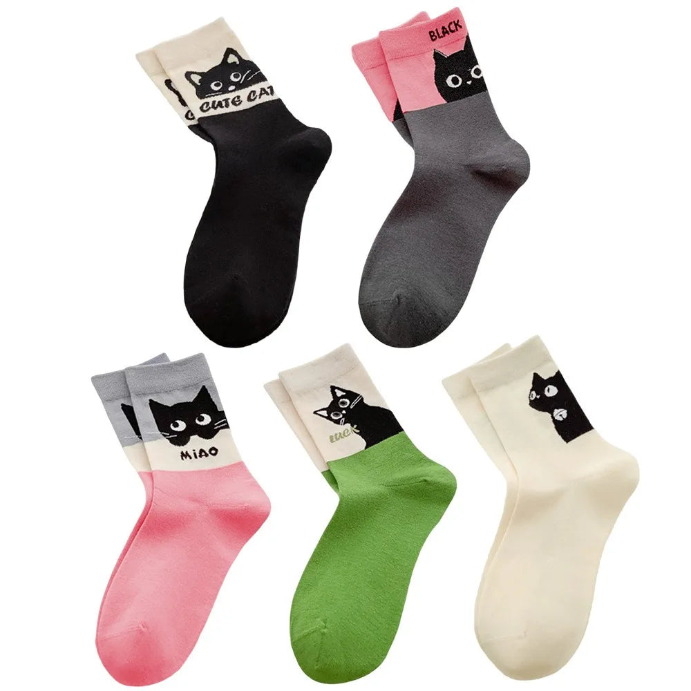 5 Pairs Cartoon Cat Women Cotton Spring Summer Socks Set Autumn Female Lady Girls Middle Tube Cute Student Socks For Women Girl