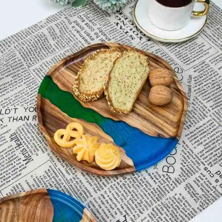 Acacia wood epoxy resin craft tray; tea tray; round plate; resin river; fireplace tray; home light luxury plate; wholesale