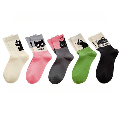 5 Pairs Cartoon Cat Women Cotton Spring Summer Socks Set Autumn Female Lady Girls Middle Tube Cute Student Socks For Women Girl