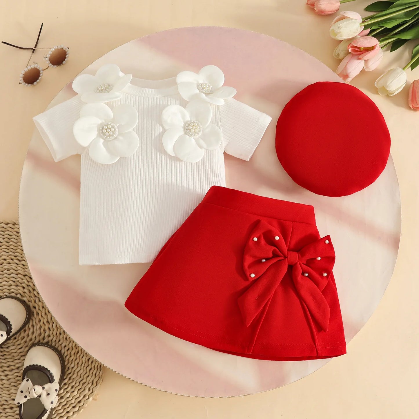 Baby Girls Clothes New Year Set 0-3Y Long Sleeve Big Bow Top Irregular Skirt and Beret 3Pcs Toddler Christmas Clothes