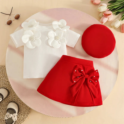 Baby Girls Clothes New Year Set 0-3Y Long Sleeve Big Bow Top Irregular Skirt and Beret 3Pcs Toddler Christmas Clothes