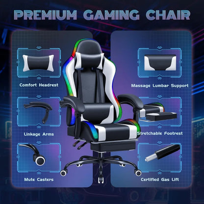 Chair with RGB LED Lights, Massage Lumbar Support & Footrest, Reclining High Back Computer Gamer Chair (White)