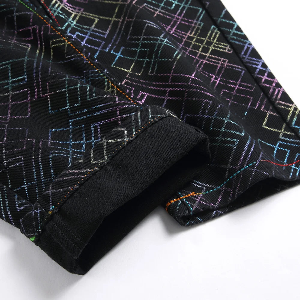 Men Printed Jeans Colored Shinning Geometry Plaid Painted Pants Black Stretch Denim Slim Straight Trousers