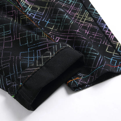 Men Printed Jeans Colored Shinning Geometry Plaid Painted Pants Black Stretch Denim Slim Straight Trousers
