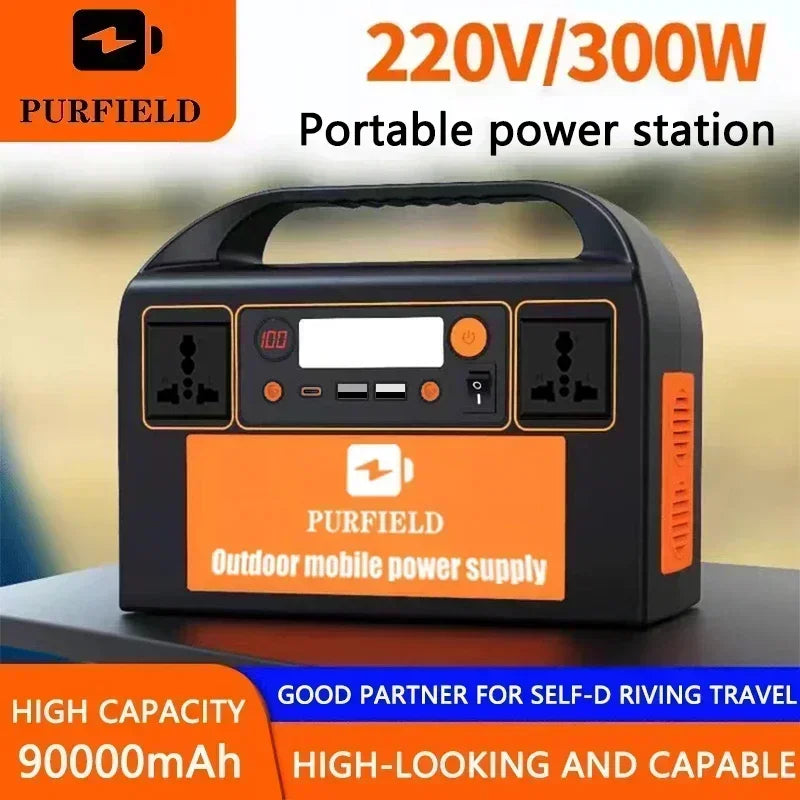 PURFIELD 220V 110V 300W Portable Power Station AC DC Outdoor 315WH Solar Generator 90000mAh/3.7V Battery Emergency Power Supply
