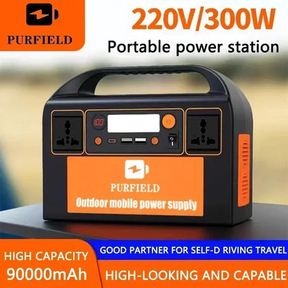 PURFIELD 220V 110V 300W Portable Power Station AC DC Outdoor 315WH Solar Generator 90000mAh/3.7V Battery Emergency Power Supply