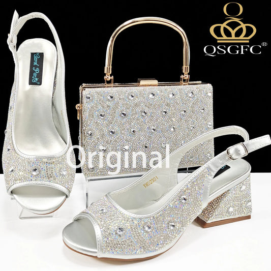 Newest Elegant Noble Silver Color Party Wedding Peep Toe High Heel Lady Shoes and Bag Set Decorated With Colorful Rhinestone