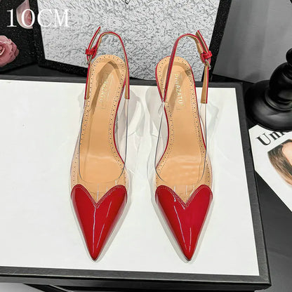 2026 Summer New Fairy-style Heart-shaped Pointed Toe Thin Heel Sandals for Women Transparent Patchwork Headpiece Back High Heels