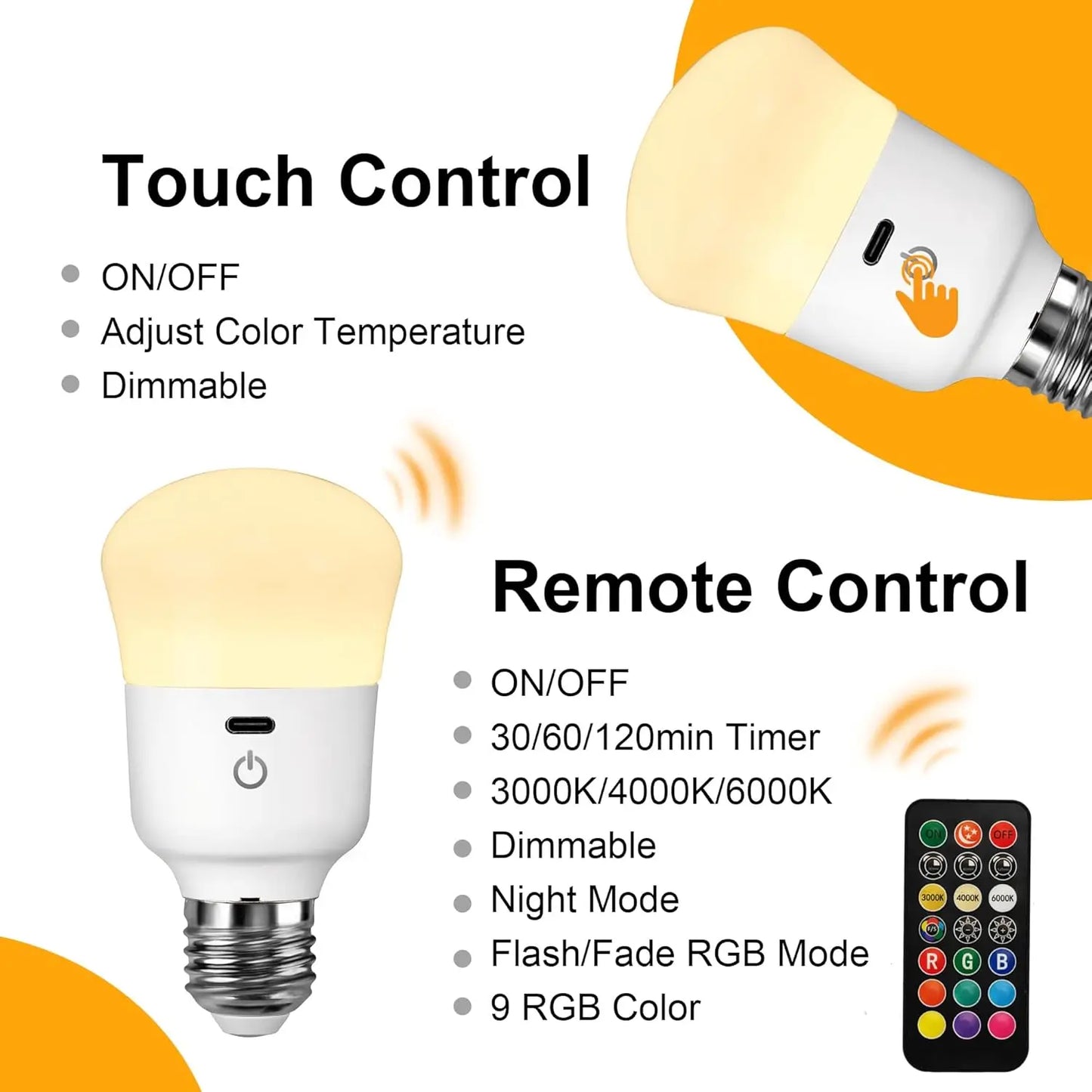 Usb Rechargeable Light Bulb with Remote Control Dim & RGB, Timer, Backup Emergency Light for Home or Outdoor