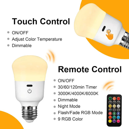 Usb Rechargeable Light Bulb with Remote Control Dim & RGB, Timer, Backup Emergency Light for Home or Outdoor