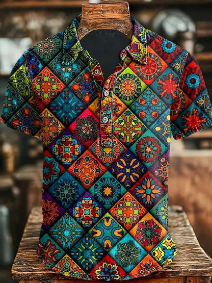 New American Retro Military Style Short Sleeved Polo Shirt with Red, Green, Black Camouflage Printed Casual Shirt