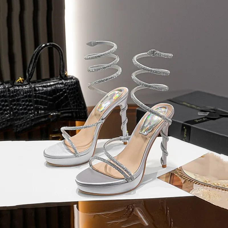 Luxury Rhinestones Snake Shaped Platform Wedges Women Sandals Fashion Summer High Heels Gladiator Sandals Wedding Banquet Shoes