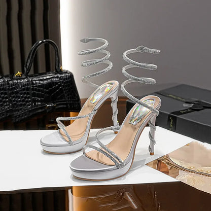 Luxury Rhinestones Snake Shaped Platform Wedges Women Sandals Fashion Summer High Heels Gladiator Sandals Wedding Banquet Shoes