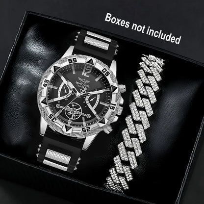 Business 2PCS Men's Fashion casual Luxury Silicone Band Diamond Quartz Bracelet Wrist Watch set（Box Not Included ）