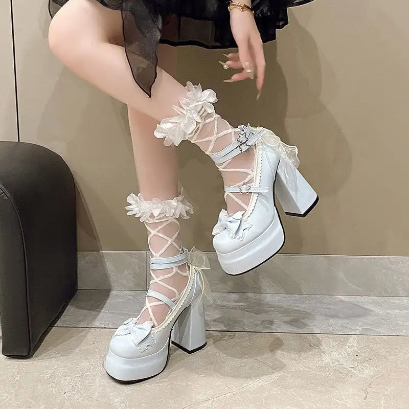 Lolita Shoes Women High Heels Shoes Woman Chunky Sandals Summer Mary Janes PU Leather Shoes Retro Bow Party Platform Pumps
