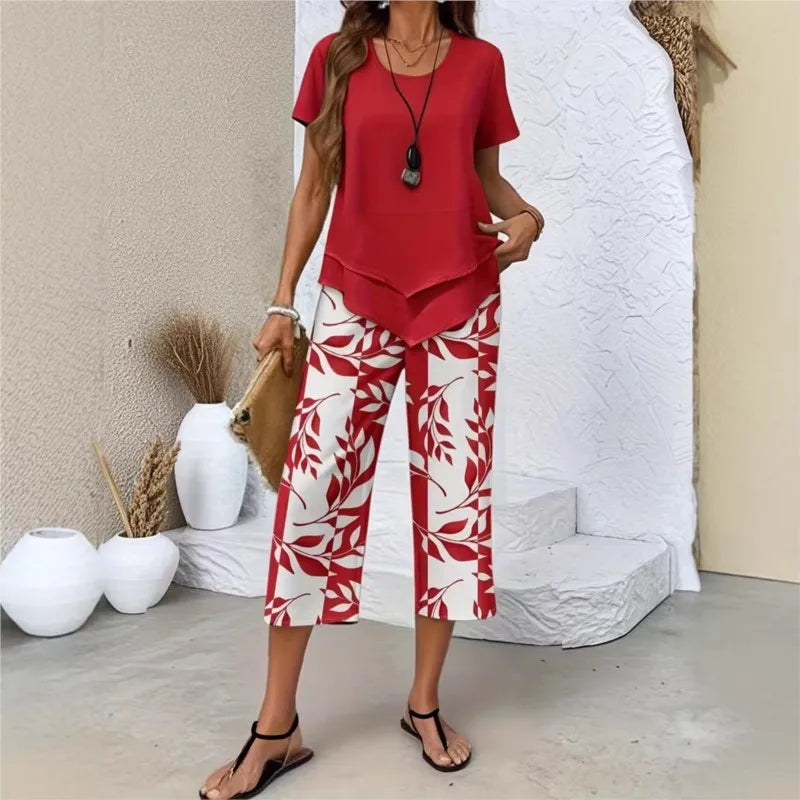 Lady Summer Casual Cropped Pants Two-piece Set Fashion Solid Color Top+printed Pants Suit Women's Irregular Hem Tops Outfit