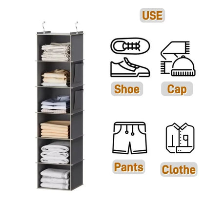 Hanging Closet Organizer and Storage, Foldable 6-Shelf Closet Hanging Storage Shelves with 2 Hooks for Shoe Cap Clothes Pants