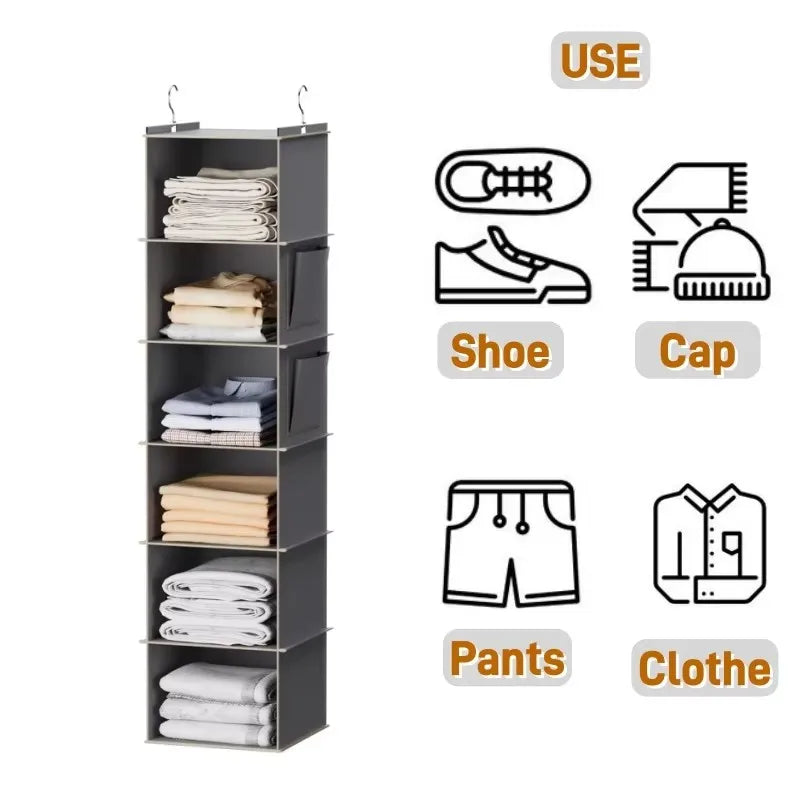 Hanging Closet Organizer and Storage, Foldable 6-Shelf Closet Hanging Storage Shelves with 2 Hooks for Shoe Cap Clothes Pants