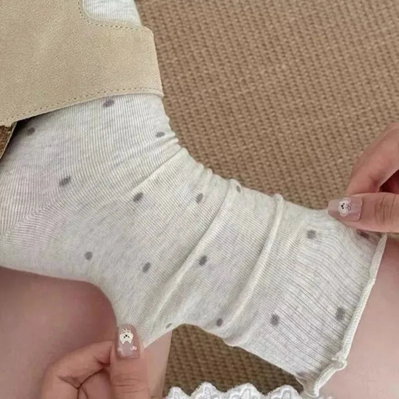 6 Pairs Korean Style Ruffle Edge Socks for Women 6 Pairs Polka Dot Crew Socks High Elastic Breathable Stackable Mid Calf Socks