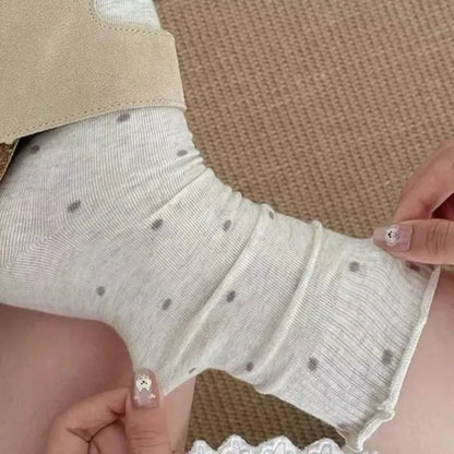 6 Pairs Korean Style Ruffle Edge Socks for Women 6 Pairs Polka Dot Crew Socks High Elastic Breathable Stackable Mid Calf Socks