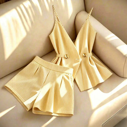 Women Striped 2 Piece Set V-neck Top Lace Up High Waist Pleated Wide Leg Shorts Summer Fashion Office Ladies Commuting Outfit