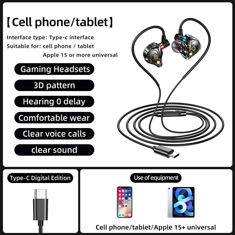 Gaming Earbuds 9D Surround Sound Type C&3.5mm Wired Earphones In Ear Headphones Noise Reduction Headsets for Samsung In HD Mic