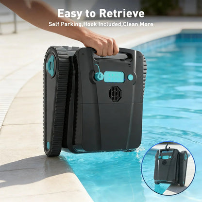 Cordless robotic pool cleaner for above-ground and in-ground pools; features automatic parking; maximum cleaning coverage of 19.8 meters / 1,100 square meters (tracked model).