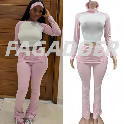 FAGADOER Casual 2 Pieces Set for Woman Long Sleeve Round Neck T-Shirt and High Waist Pants Matching Tracksuits Female Sportswear