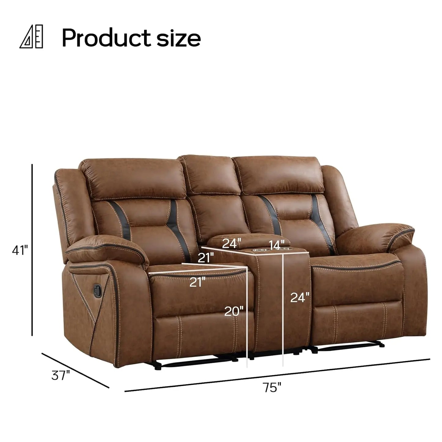 Faux Leather Manual Loveseat Recliner, 2 Seat Reclining Sofa Chair with Center Console, Hidden Storage and Cup Holders,, Custom