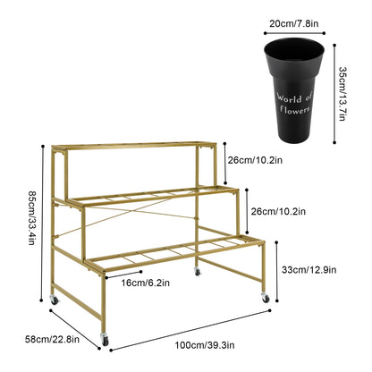 3-Layer Metal Flower Display Stand with 12 Round Buckets, Heavy Duty Rolling Plant Cart with Lockable Wheels, 110lbs Load Bearing Movable Plant Shelf for Indoor Living Room Balcony Florist