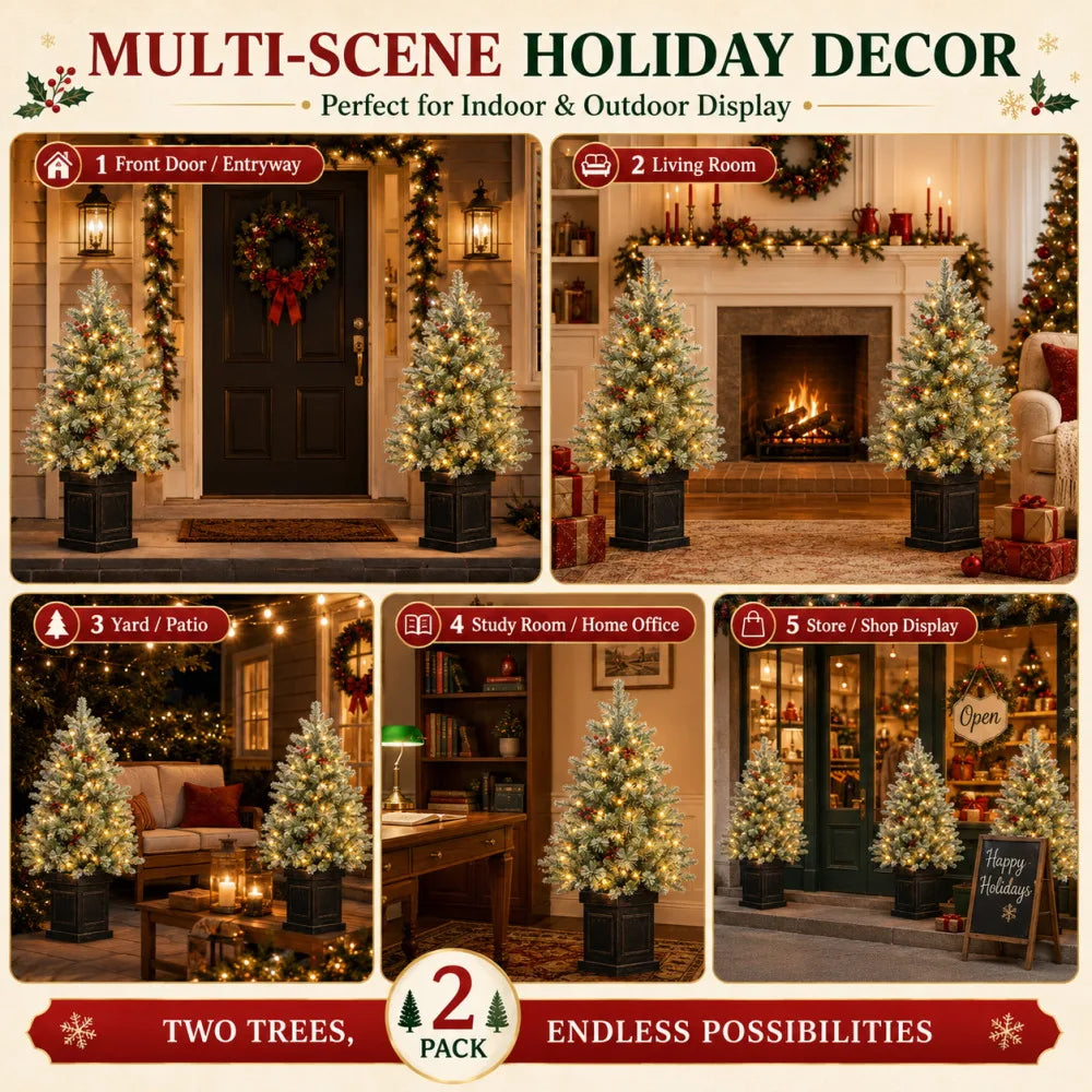 2PCS 3ft Pre-Lit Artificial Christmas Tree with 78 LED Lights, Snow Flocked Mini Xmas Tree with Timer Function, Battery Operated Small Holiday Tree for Home Office Tabletop Decor