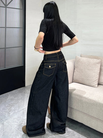 Women's Classic Black Loose American-Style Jeans, Trendy And Versatile Casual Wide-Leg Pants