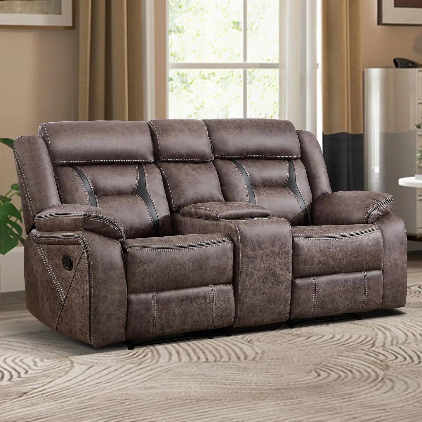 Faux Leather Manual Loveseat Recliner, 2 Seat Reclining Sofa Chair with Center Console, Hidden Storage and Cup Holders,, Custom