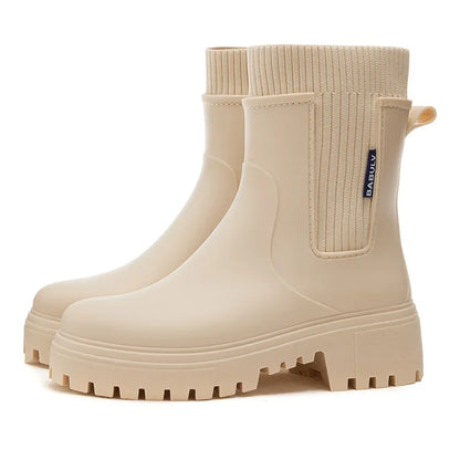 Rain boots women's four seasons fashion outdoor mid-tube waterproof non-slip rubber shoes fashion rain boots with cotton cover