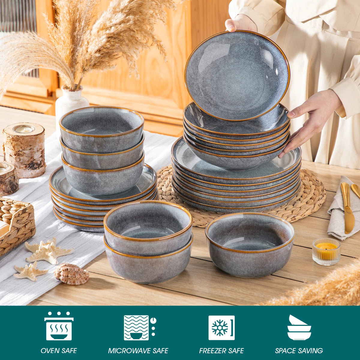 Vancasso 12/16/18/24 Piece Grey-Blue Reactive Glaze Stoneware Plates Set Dinnerware Sets with 4/6 Pcs Dinner Plate/Dessert/Bowl