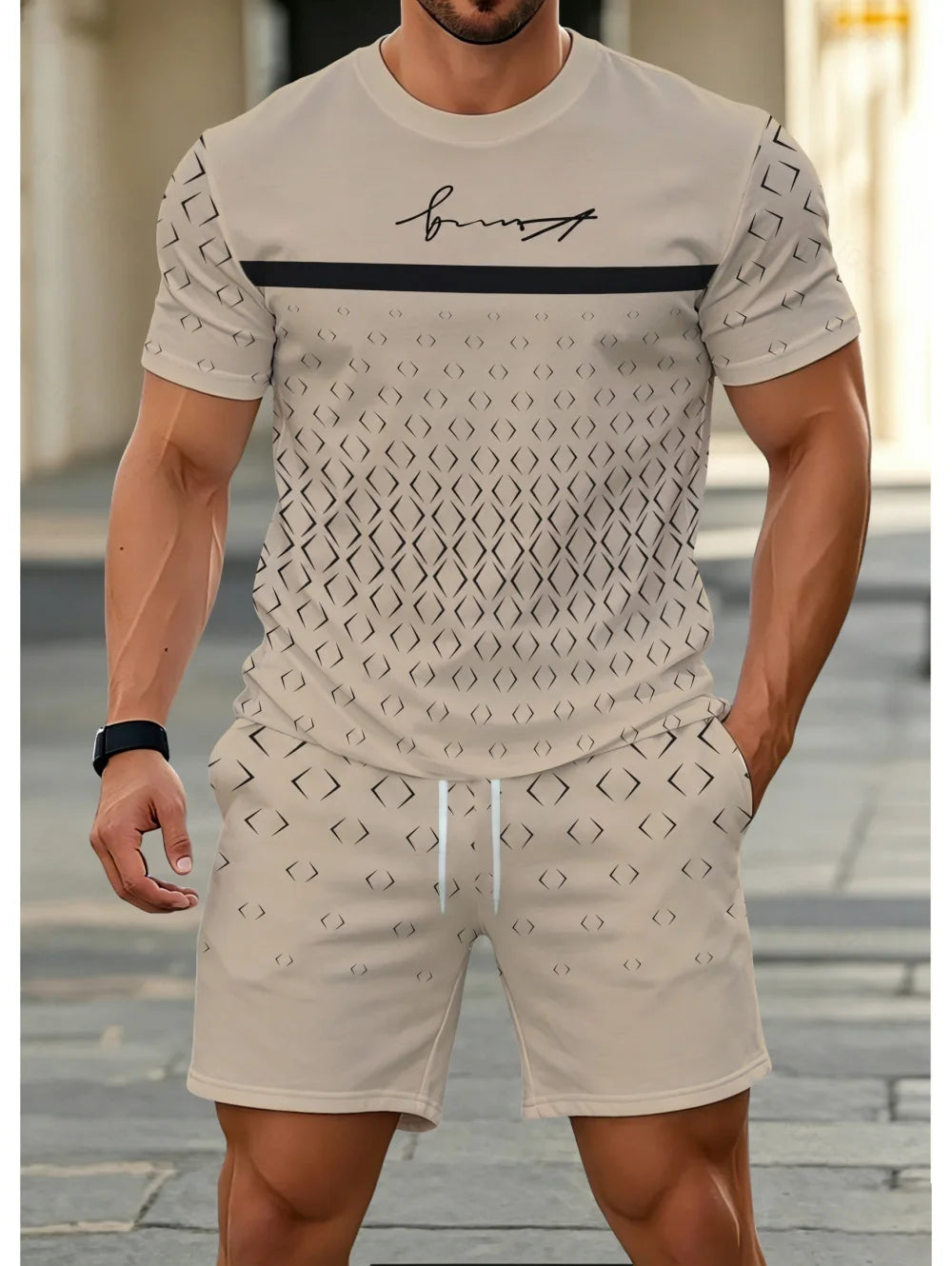 Men's Classic Stripe Printed T-Shirt Shorts Set Plus Size Short Sleeve T-Shirt and Drawstring Shorts Summer Casual Two Piece Set