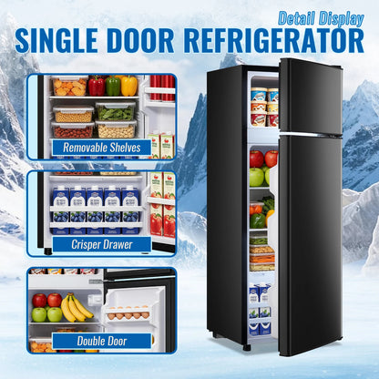 Mini Refrigerator with Top Freezer 66 Liter Dual Door Small Refrigerator with 7-Level Adjustable Thermostat for Office, BLACK