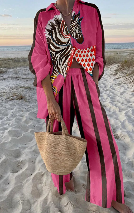 Fashion Print Beach Holiday 2-Piece Set Women Spring Summer Long Sleeve Shirt Top + Wide Legs Women's Oversized Two-Piece Outfit