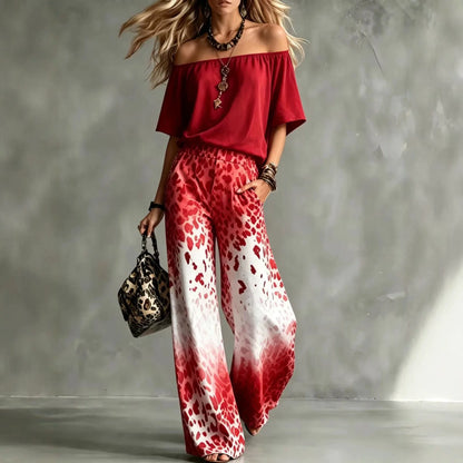 Summer Women Off Shoulder Short Sleeve Top Gradient Leopard Print Wide Leg Pants Two Piece Boho Casual Fashion Matching Suit New