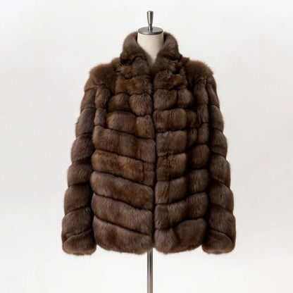 Women Winter Faux Fur Coat 2026 Warm Taupe Fluffy Plush Jacket Striped Patchwork Elegant Outerwear