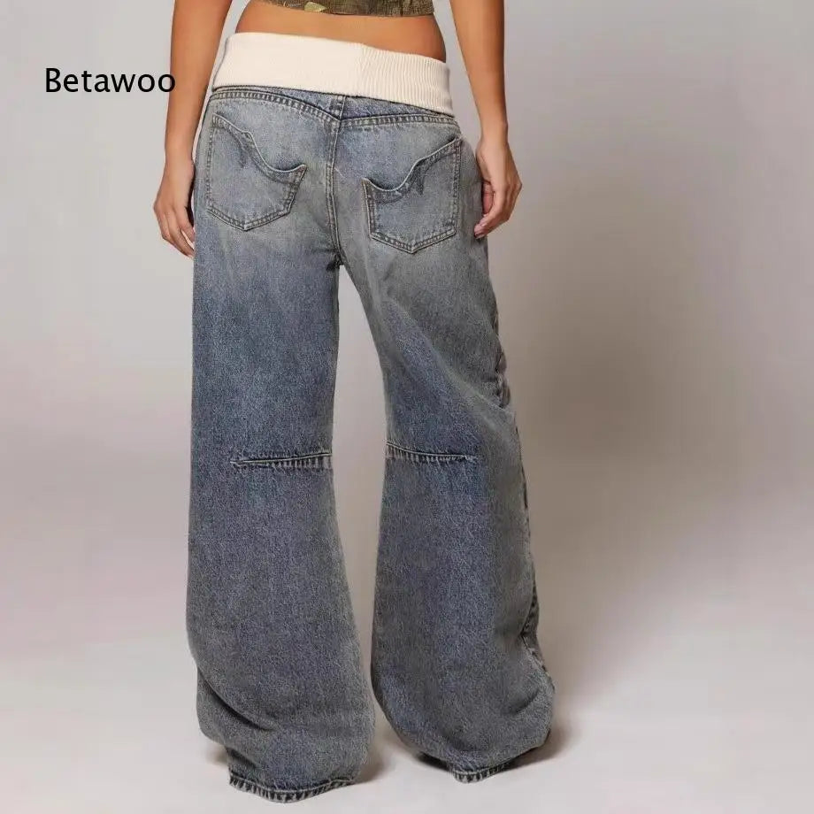 Women Vintage Two-Tone Patchwork Baggy Wide Leg Jeans Curved Contrast Stitch Loose Full Length Streetwear Denim Pants